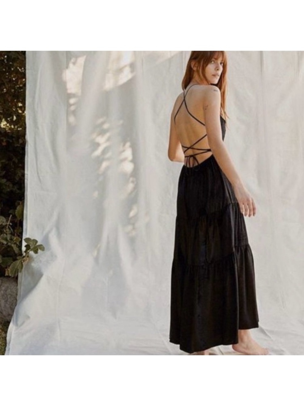 Luxury Aesthetic Smocked Tiered Maxi Dress Lace-Up Open Back Whimsigoth Boho
